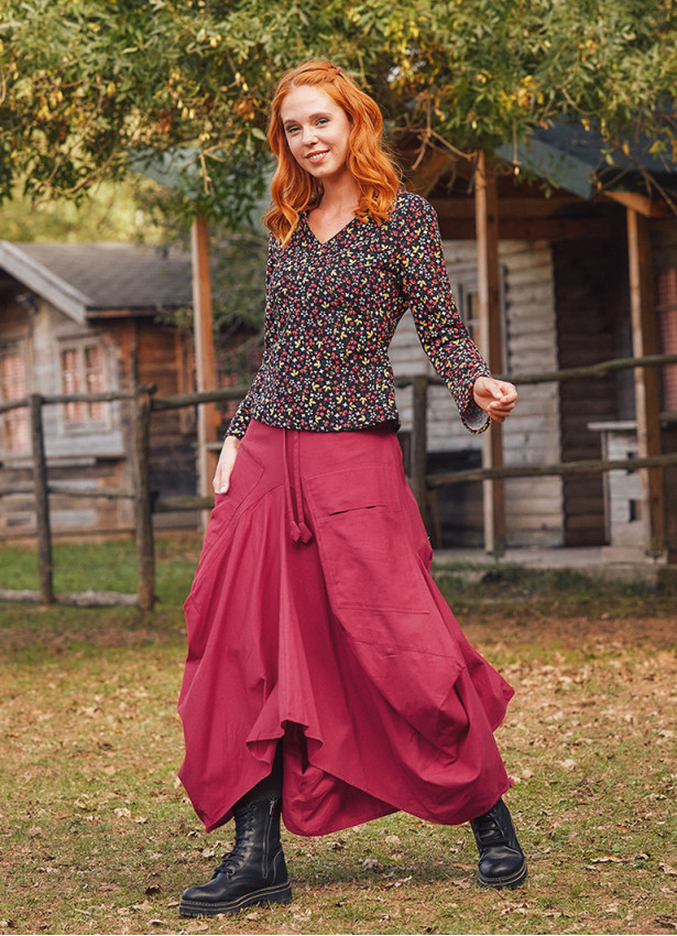 Otantik Beli Bağcıklı Cepli Uzun Kırmızı Etek 63